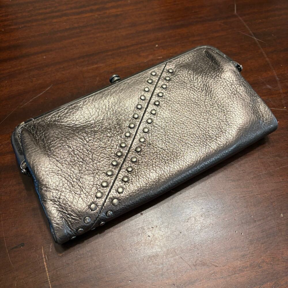 HOBO Lauren Leather Clutch Wallet Pewter Gray Metallic Double Kiss Lock Studded